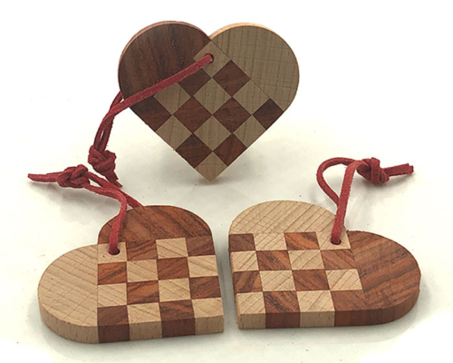 træhjerte, padauk, bøg